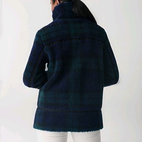 Faherty Montana Faux Shearling Coat Plaid Asymmetric Zip Moto Blue Sherpa XL - Picture 4 of 16
